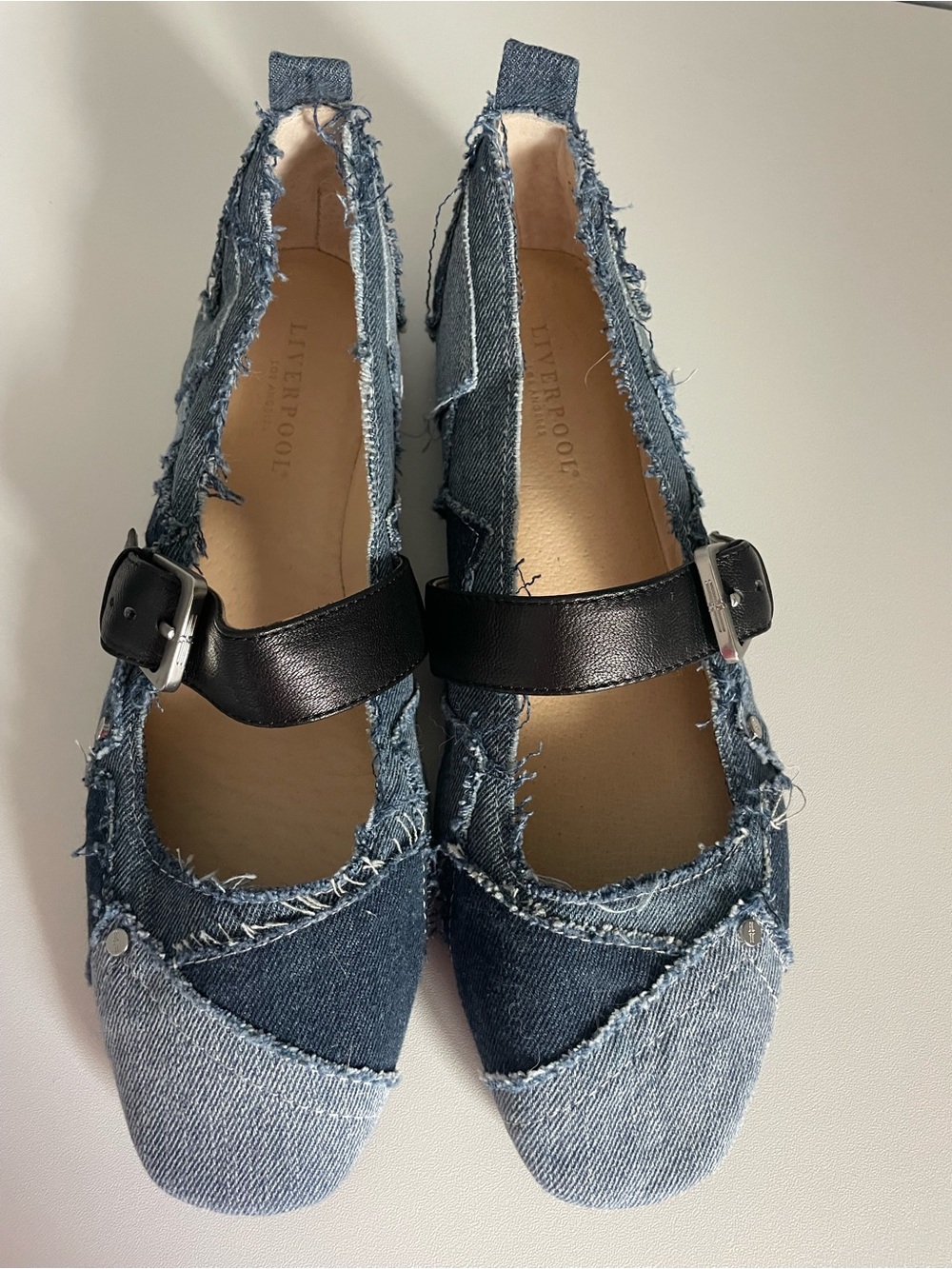 Liverpool Denim Patchwork Mary Janes Frayed Raw Edge Buckle Flats